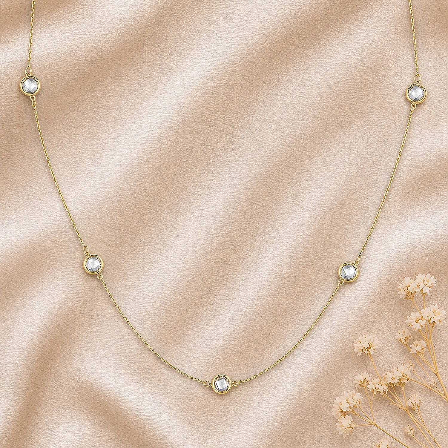 9ct Yellow Gold Stone Cubic Zirconia Station Necklace