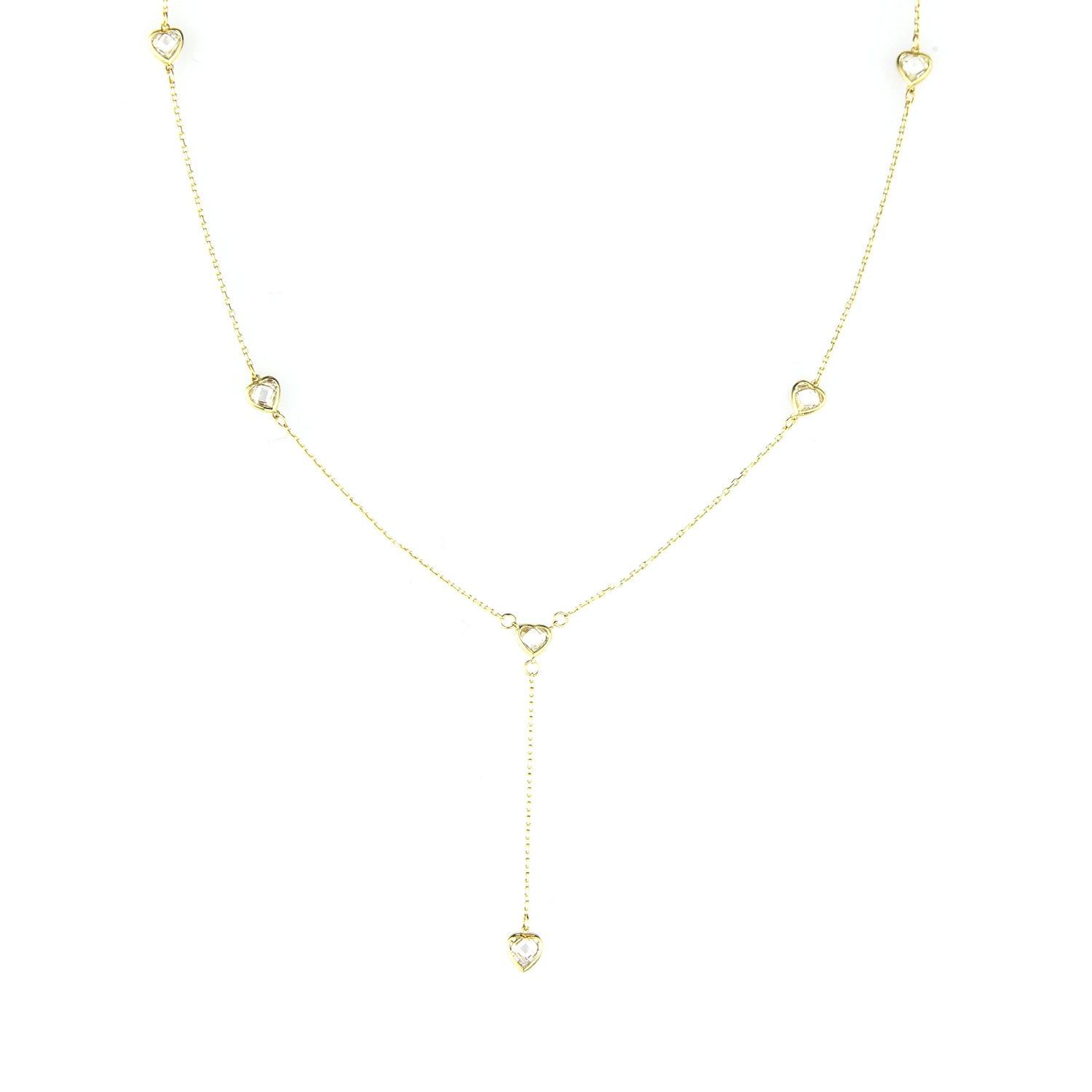 9ct Yellow Gold Heart Station Necklace with Cubic Zirconia