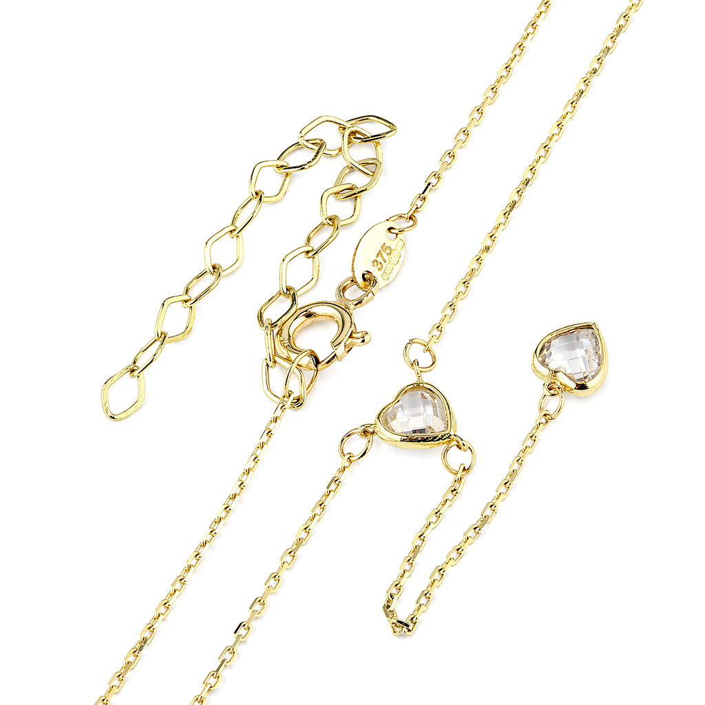 9ct Yellow Gold Heart Station Necklace with Cubic Zirconia