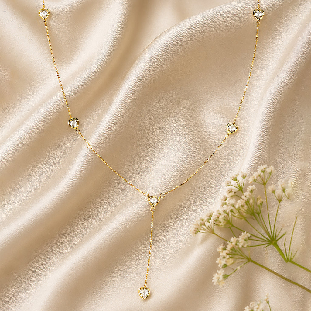 9ct Yellow Gold Heart Station Necklace with Cubic Zirconia