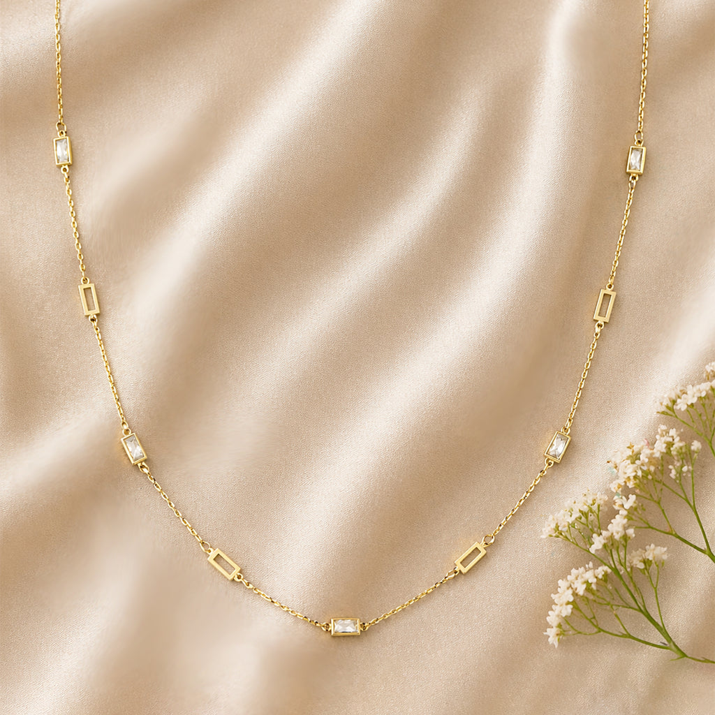 9ct Yellow Gold Emerald Cut Cubic Zirconia Station Necklace
