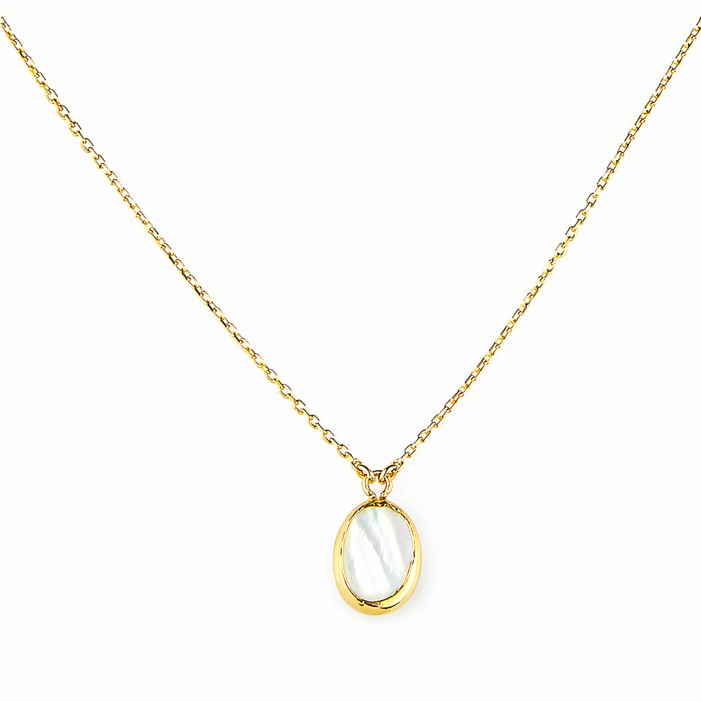 9ct Yellow Gold Oval Mother of Pearl Pendant Necklace with Cubic Zirconia