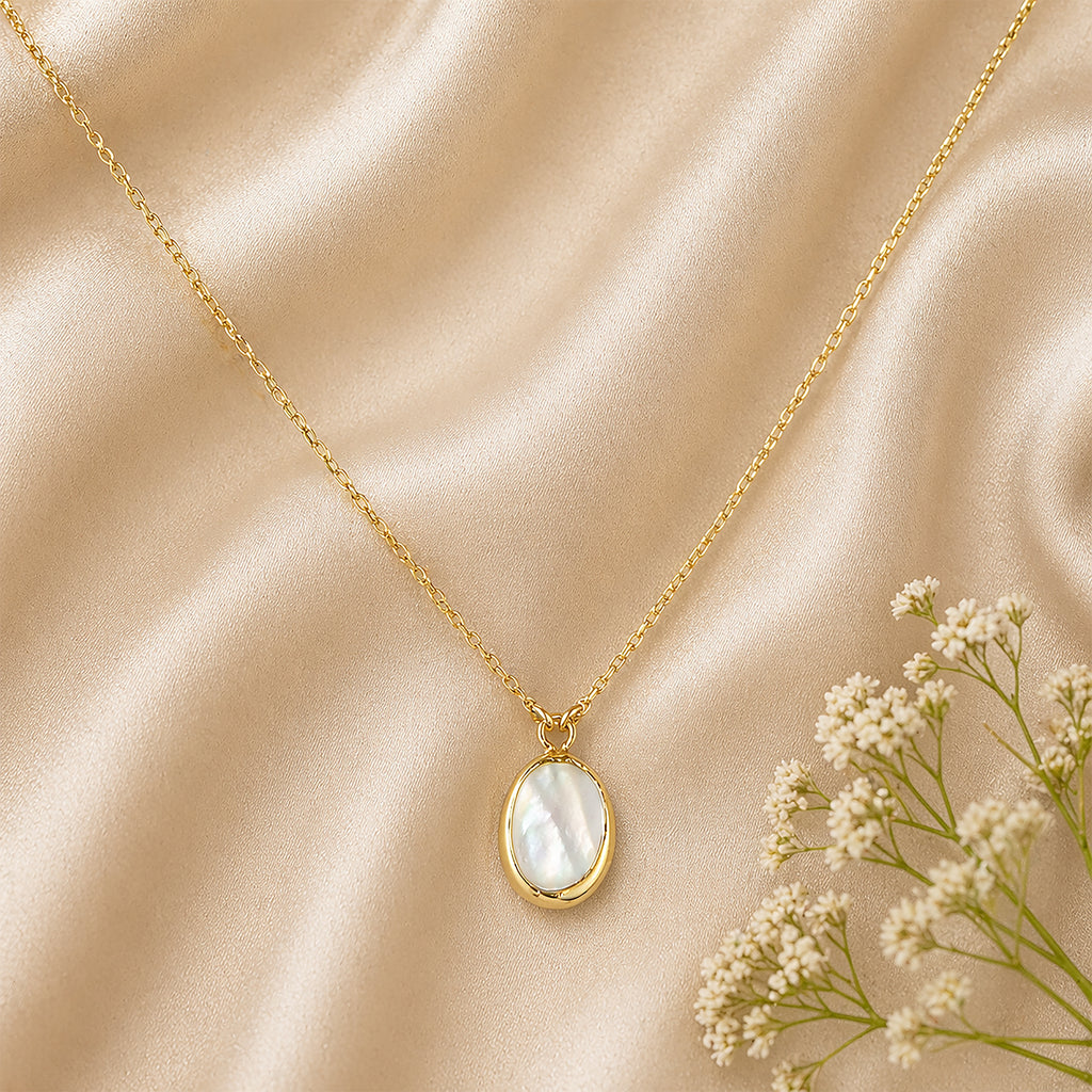 9ct Yellow Gold Oval Mother of Pearl Pendant Necklace with Cubic Zirconia