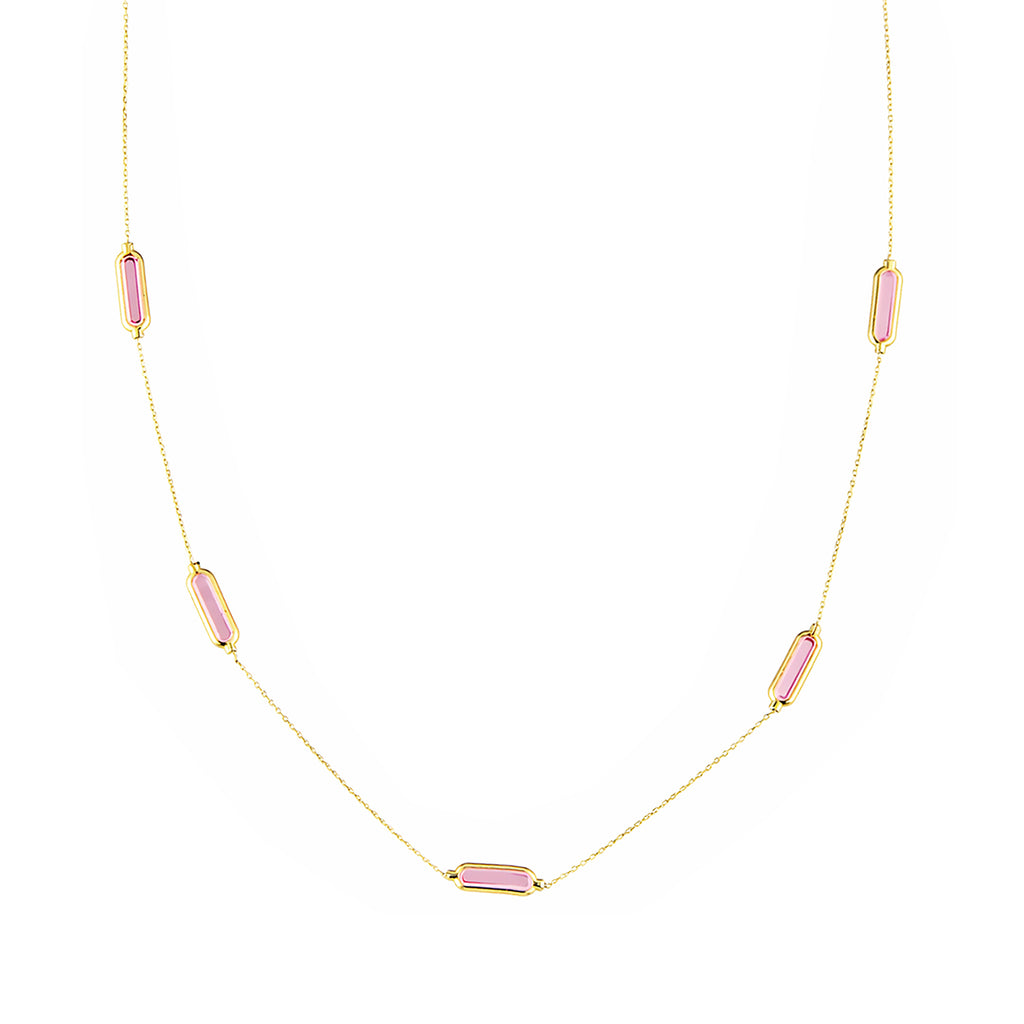 9ct Yellow Gold Pink Baguette Cubic Zirconia Station Necklace