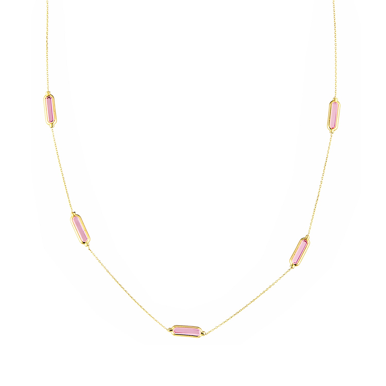 9ct Yellow Gold Pink Baguette Cubic Zirconia Station Necklace