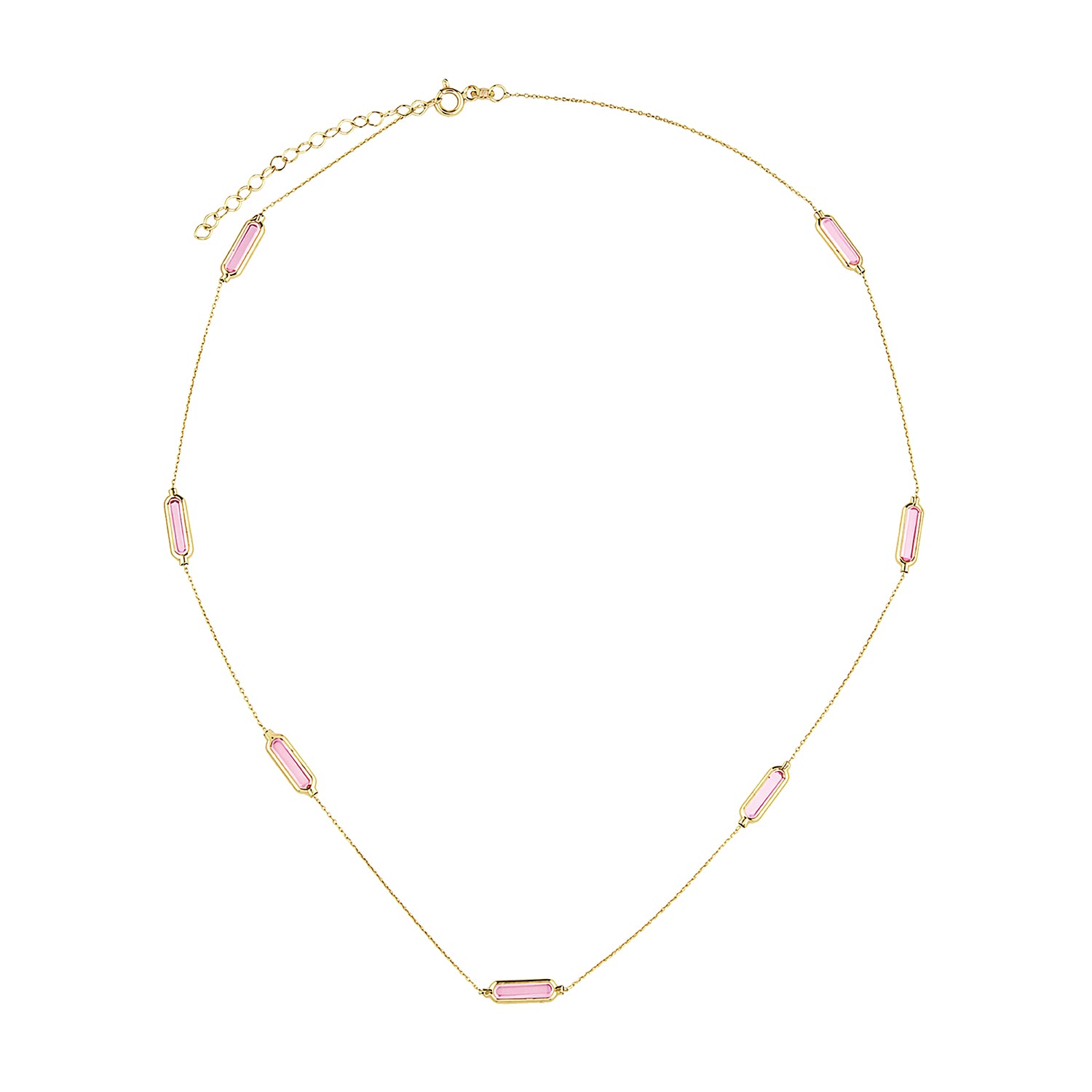 9ct Yellow Gold Pink Baguette Cubic Zirconia Station Necklace