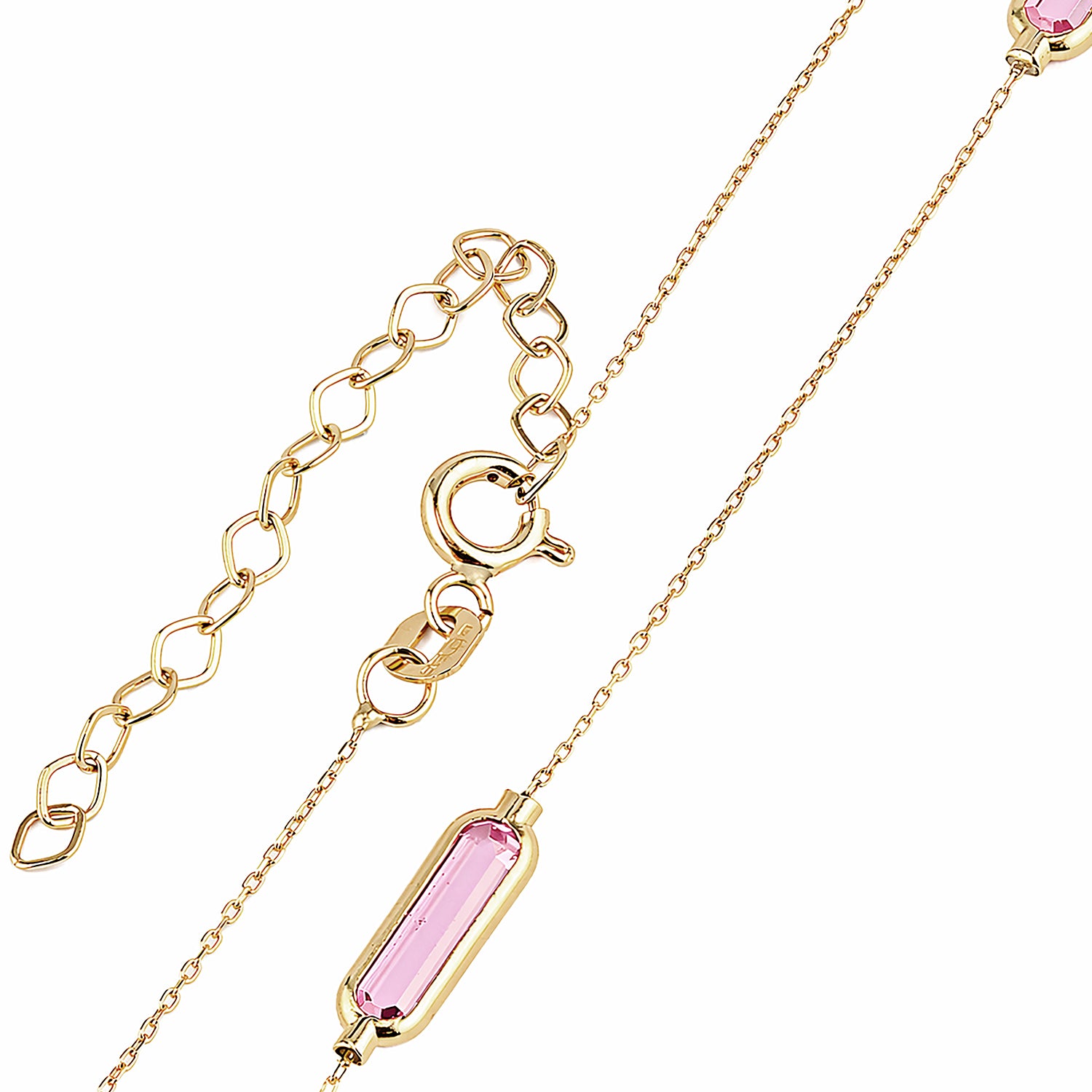 9ct Yellow Gold Pink Baguette Cubic Zirconia Station Necklace