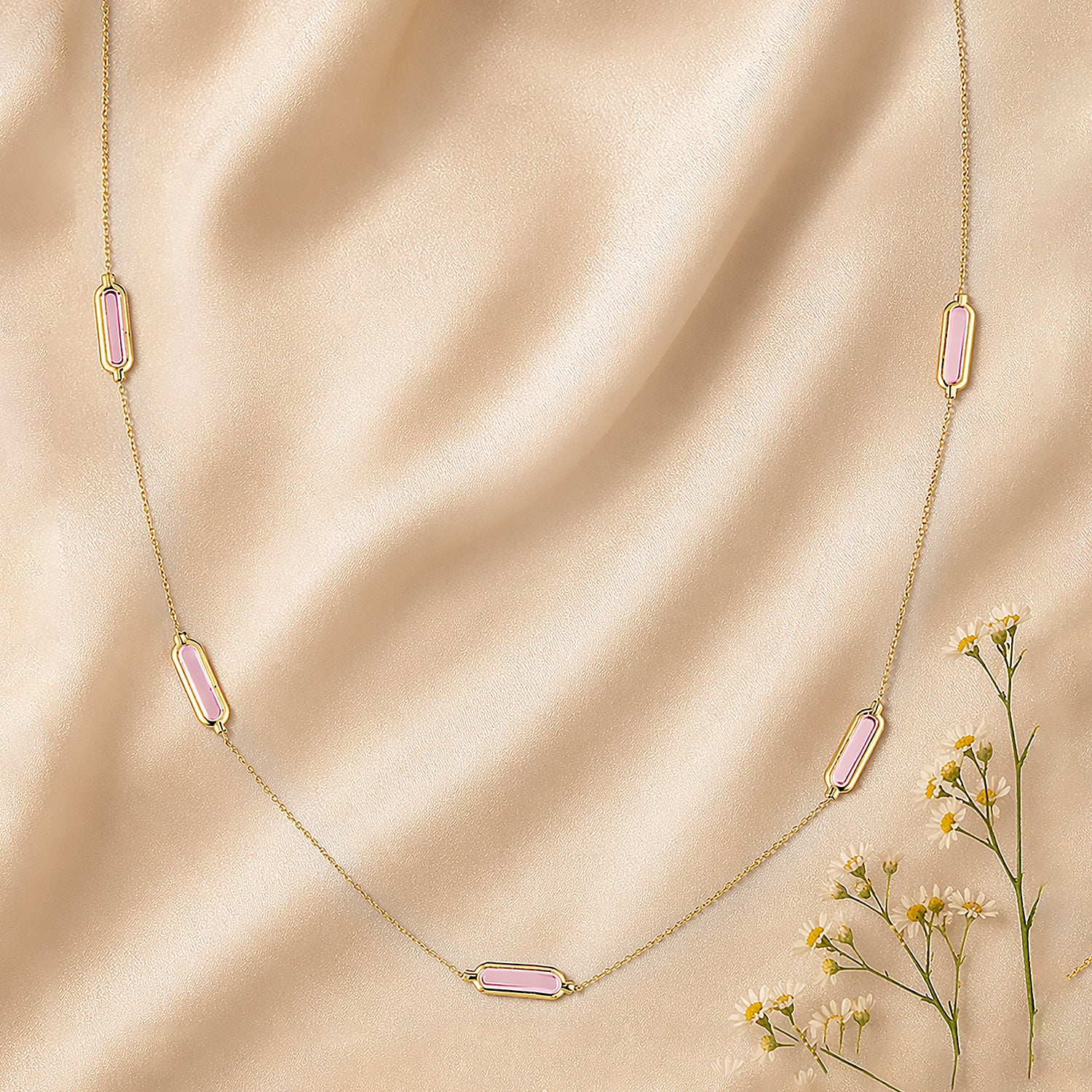 9ct Yellow Gold Pink Baguette Cubic Zirconia Station Necklace