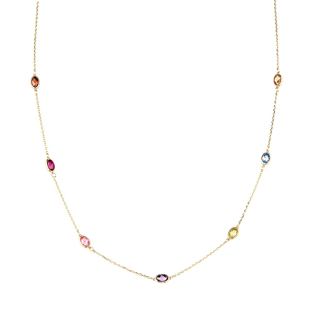 9ct Yellow Gold Multi Colour Oval Cubic Zirconia Station Necklace – Bezel Set