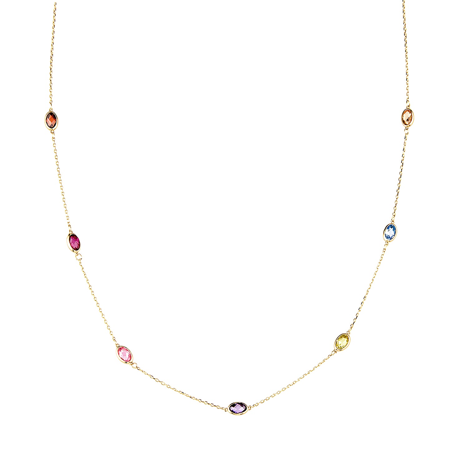9ct Yellow Gold Multi Colour Oval Cubic Zirconia Station Necklace – Bezel Set
