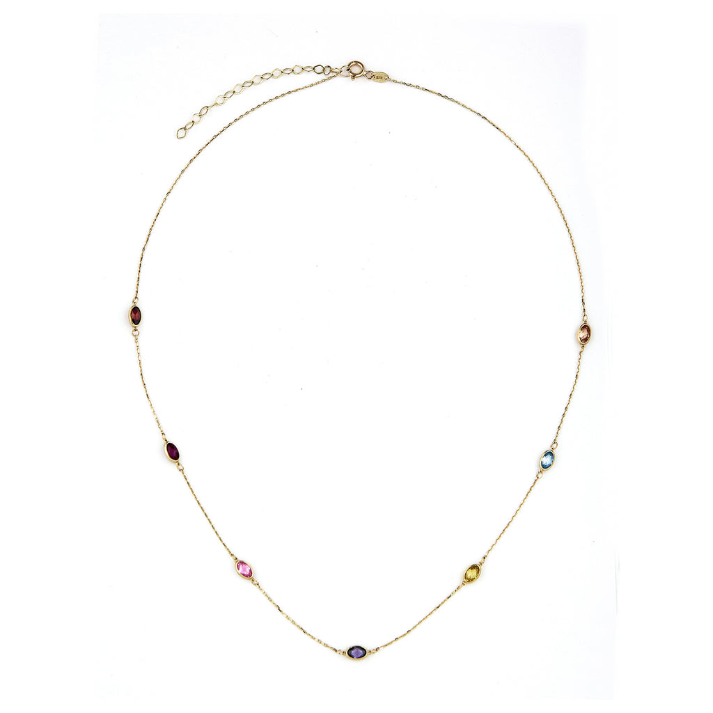 9ct Yellow Gold Multi Colour Oval Cubic Zirconia Station Necklace – Bezel Set