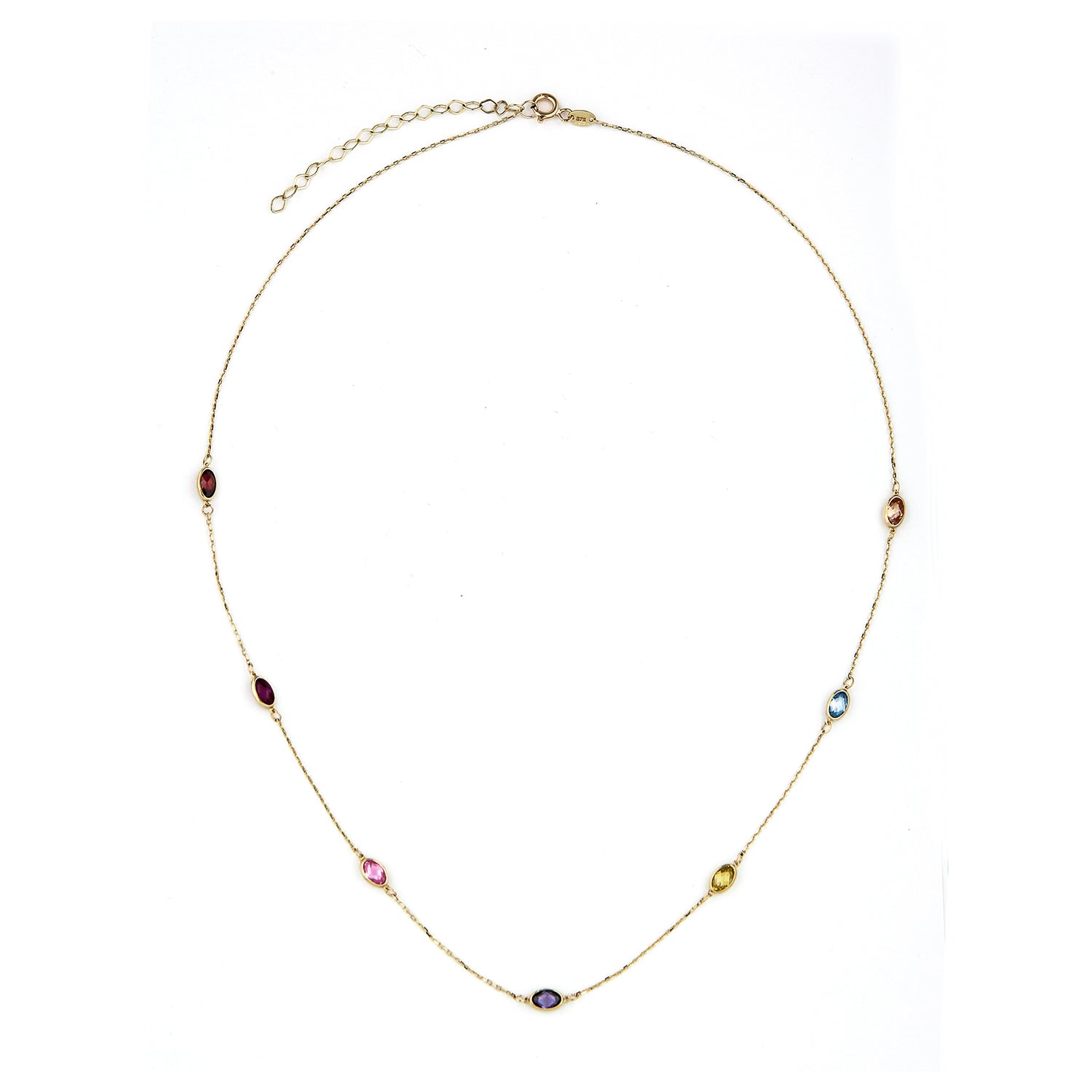 9ct Yellow Gold Multi Colour Oval Cubic Zirconia Station Necklace – Bezel Set