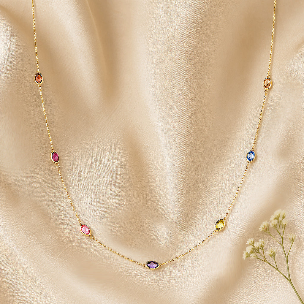 9ct Yellow Gold Multi Colour Oval Cubic Zirconia Station Necklace – Bezel Set