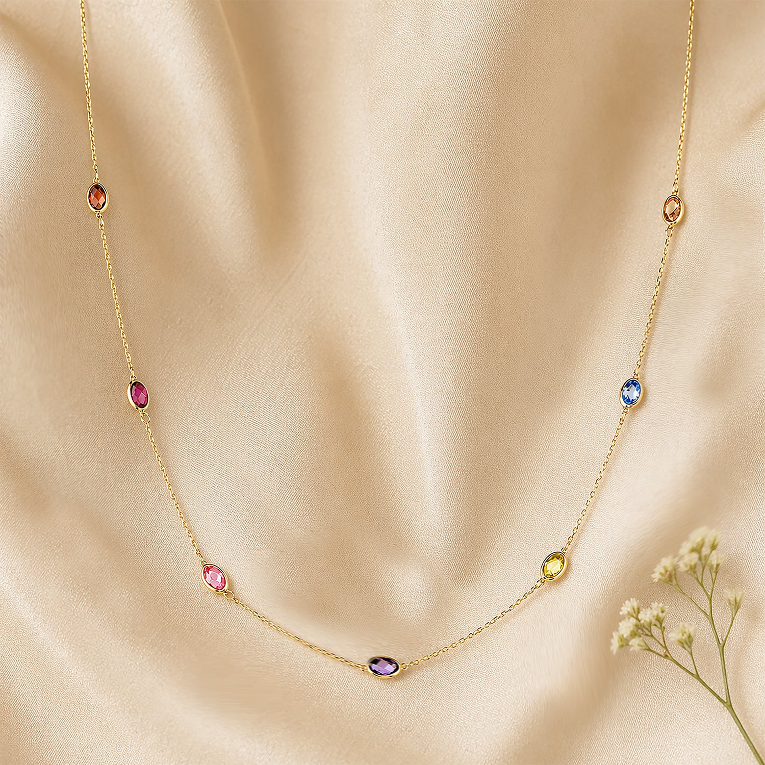 9ct Yellow Gold Multi Colour Oval Cubic Zirconia Station Necklace – Bezel Set