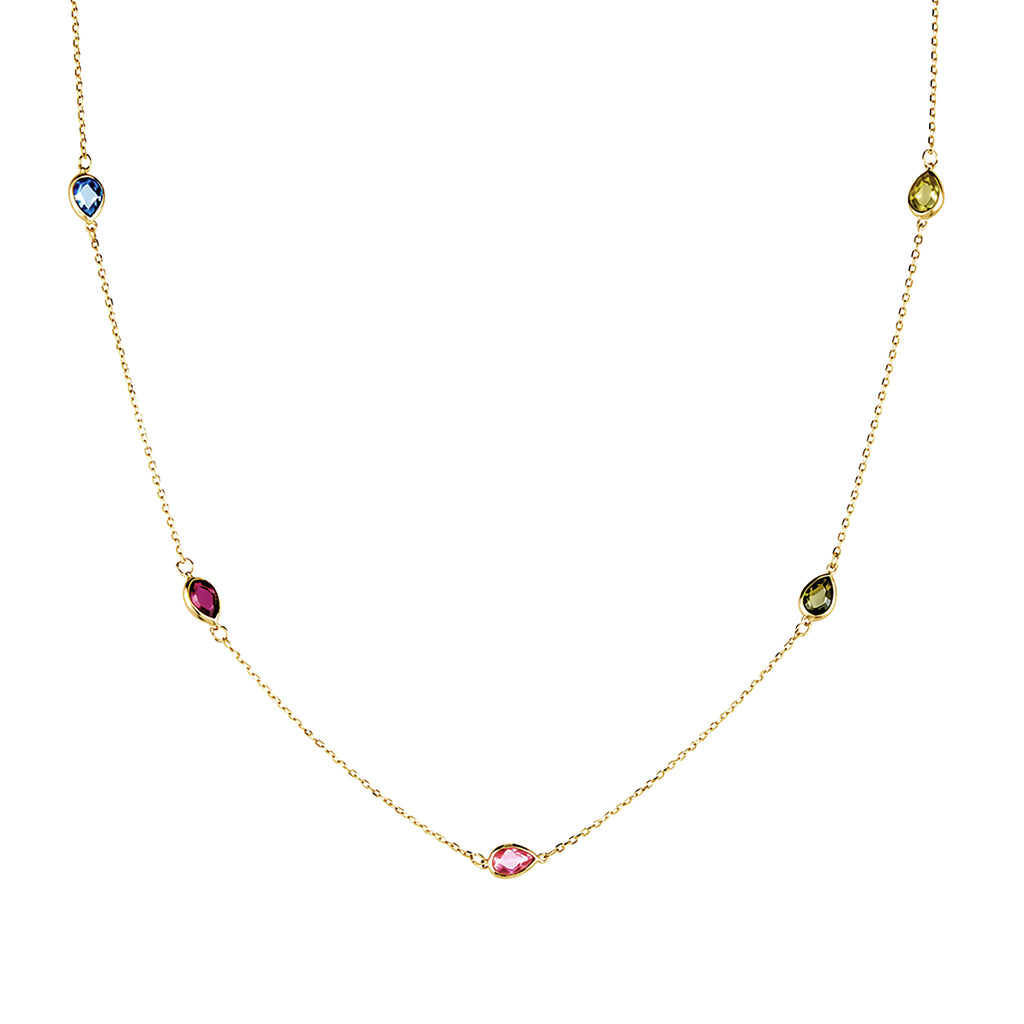 9ct Yellow Gold Multi Colour Pear Cubic Zirconia Station Necklace