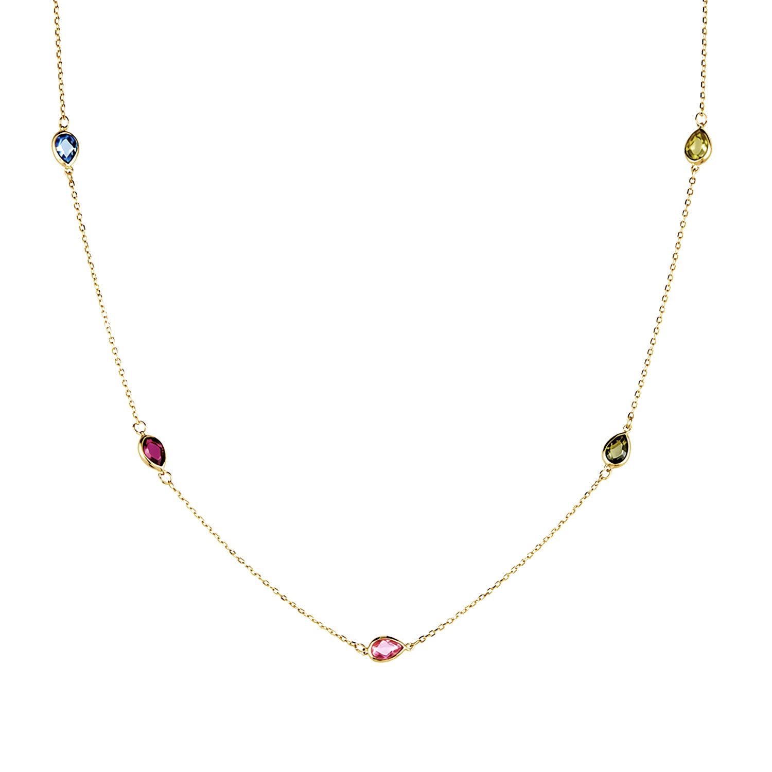 9ct Yellow Gold Multi Colour Pear Cubic Zirconia Station Necklace