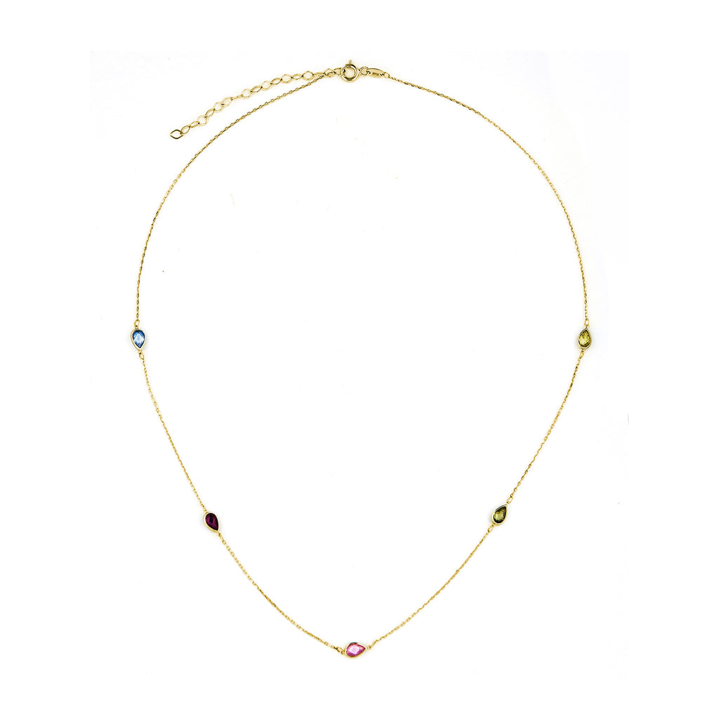 9ct Yellow Gold Multi Colour Pear Cubic Zirconia Station Necklace