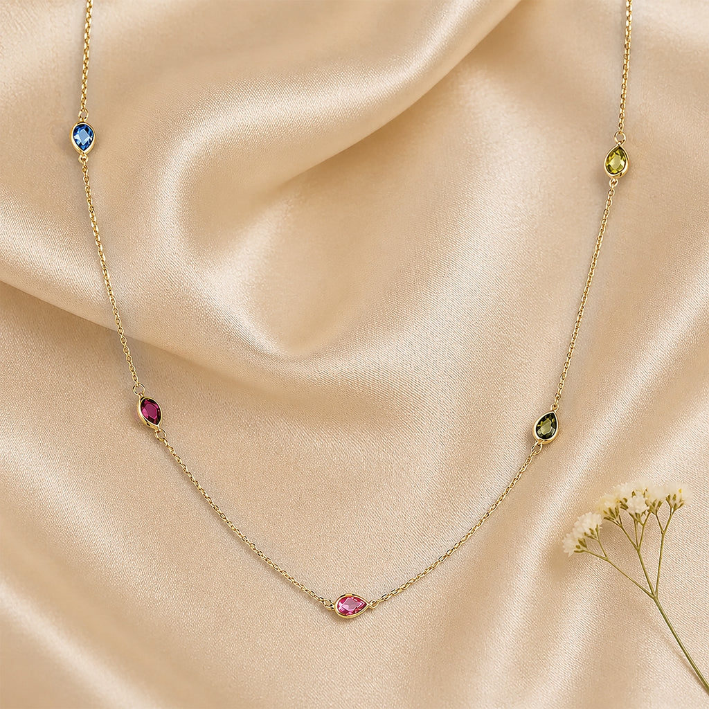 9ct Yellow Gold Multi Colour Pear Cubic Zirconia Station Necklace