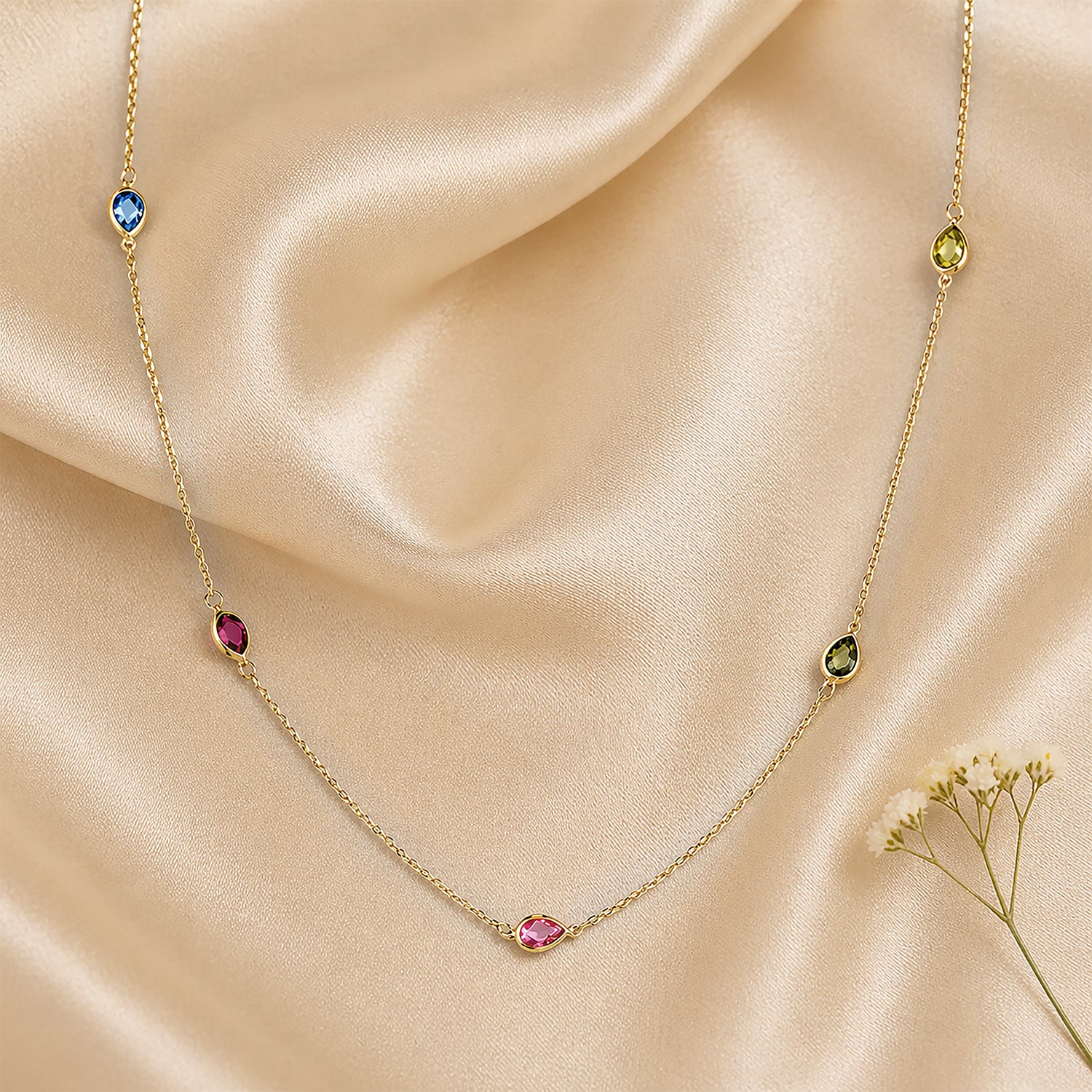 9ct Yellow Gold Multi Colour Pear Cubic Zirconia Station Necklace