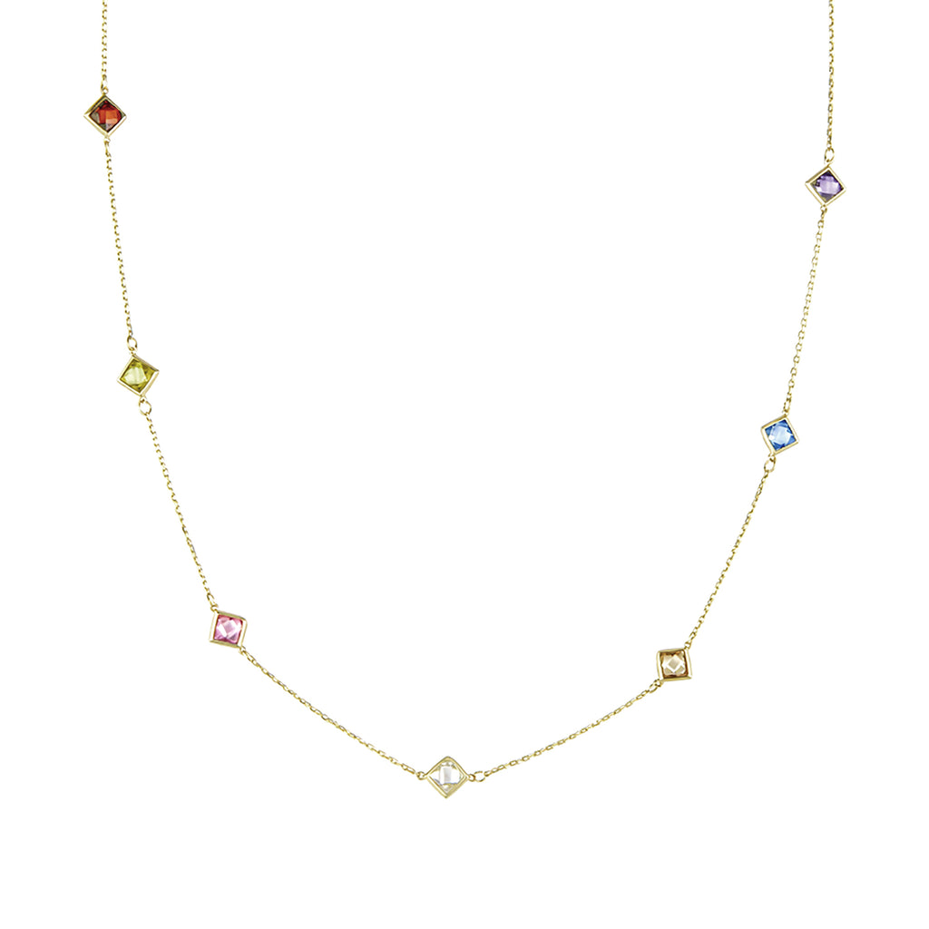 9ct Yellow Gold Multi Colour Cushion Cut Cubic Zirconia Station Necklace