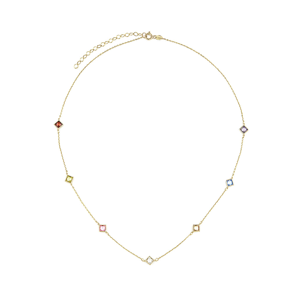 9ct Yellow Gold Multi Colour Cushion Cut Cubic Zirconia Station Necklace