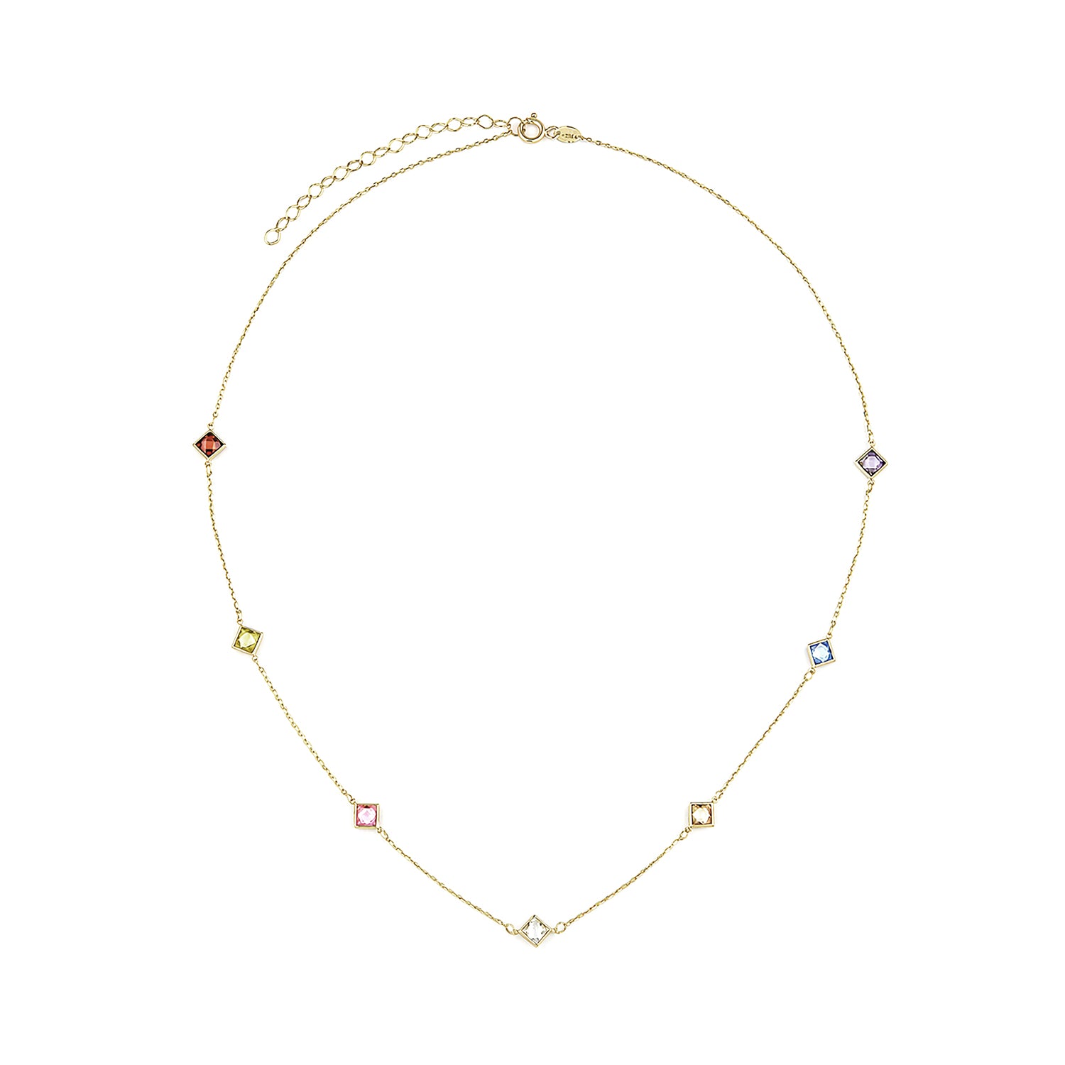9ct Yellow Gold Multi Colour Cushion Cut Cubic Zirconia Station Necklace