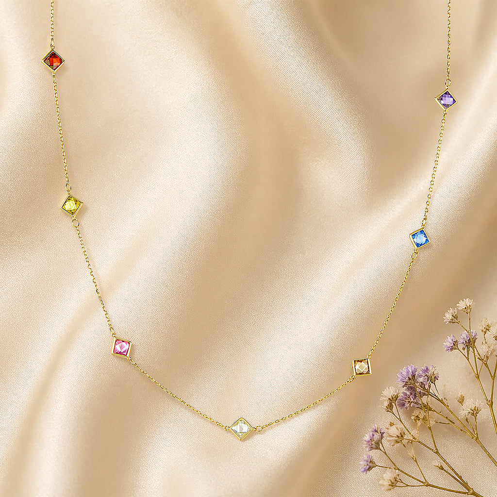 9ct Yellow Gold Multi Colour Cushion Cut Cubic Zirconia Station Necklace