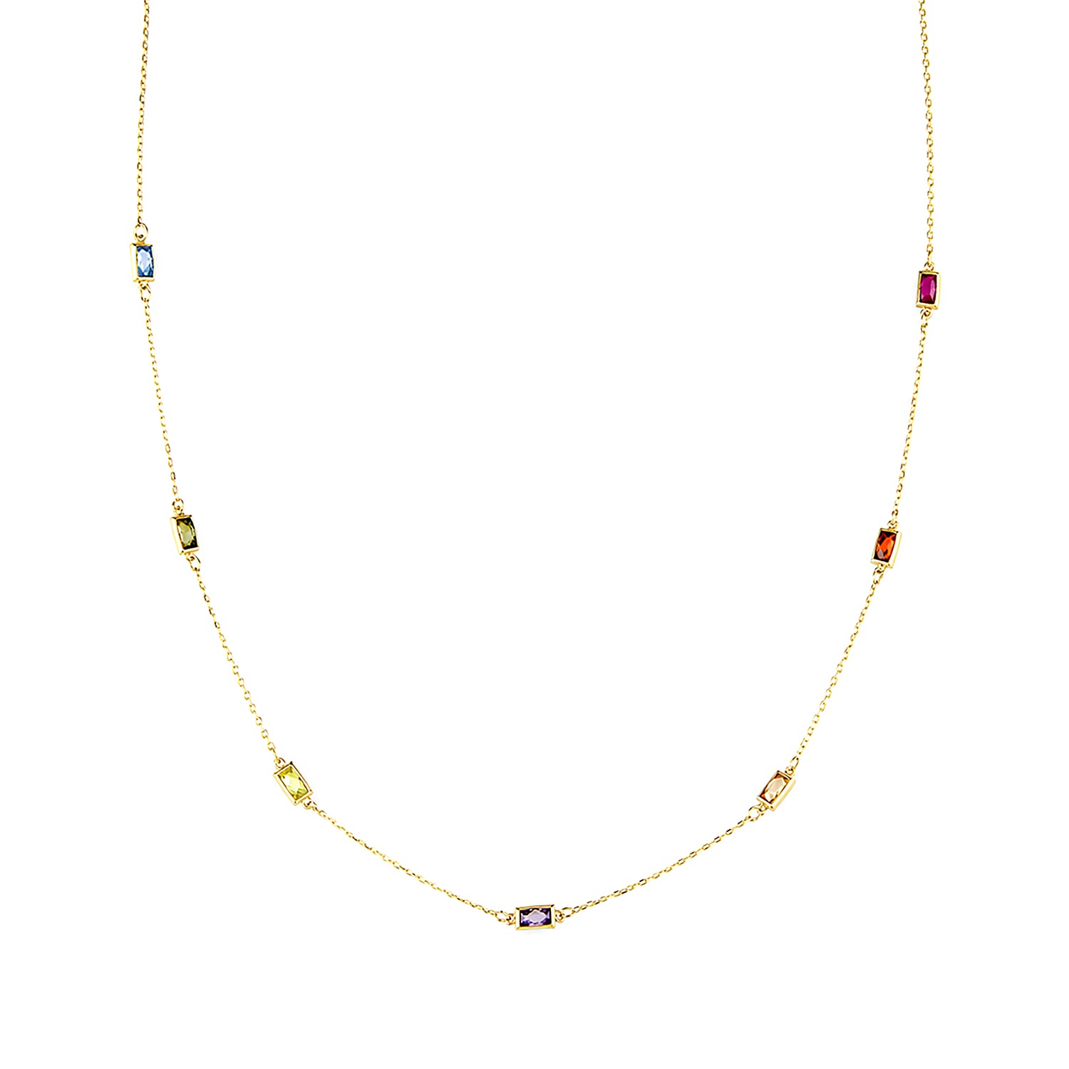 9ct Yellow Gold Multi Colour Emerald Cut Cubic Zirconia Station Necklace