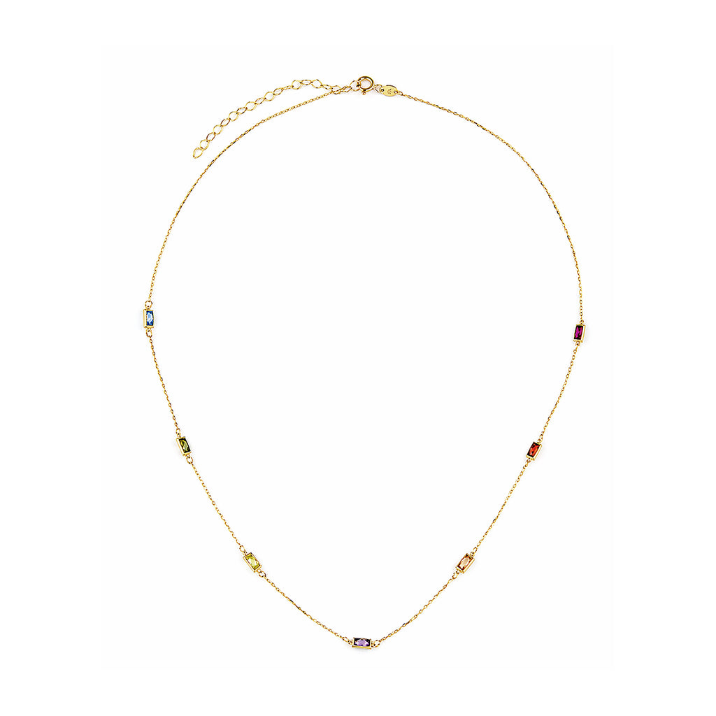 9ct Yellow Gold Multi Colour Emerald Cut Cubic Zirconia Station Necklace