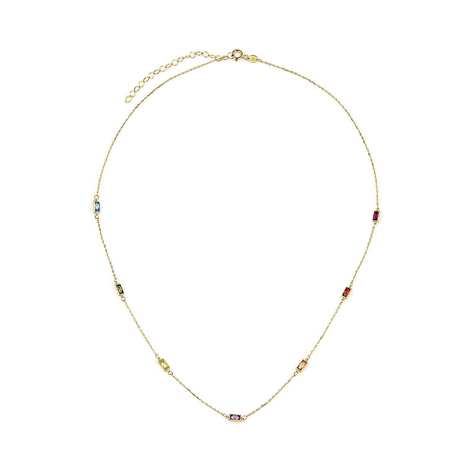 9ct Yellow Gold Multi Colour Emerald Cut Cubic Zirconia Station Necklace
