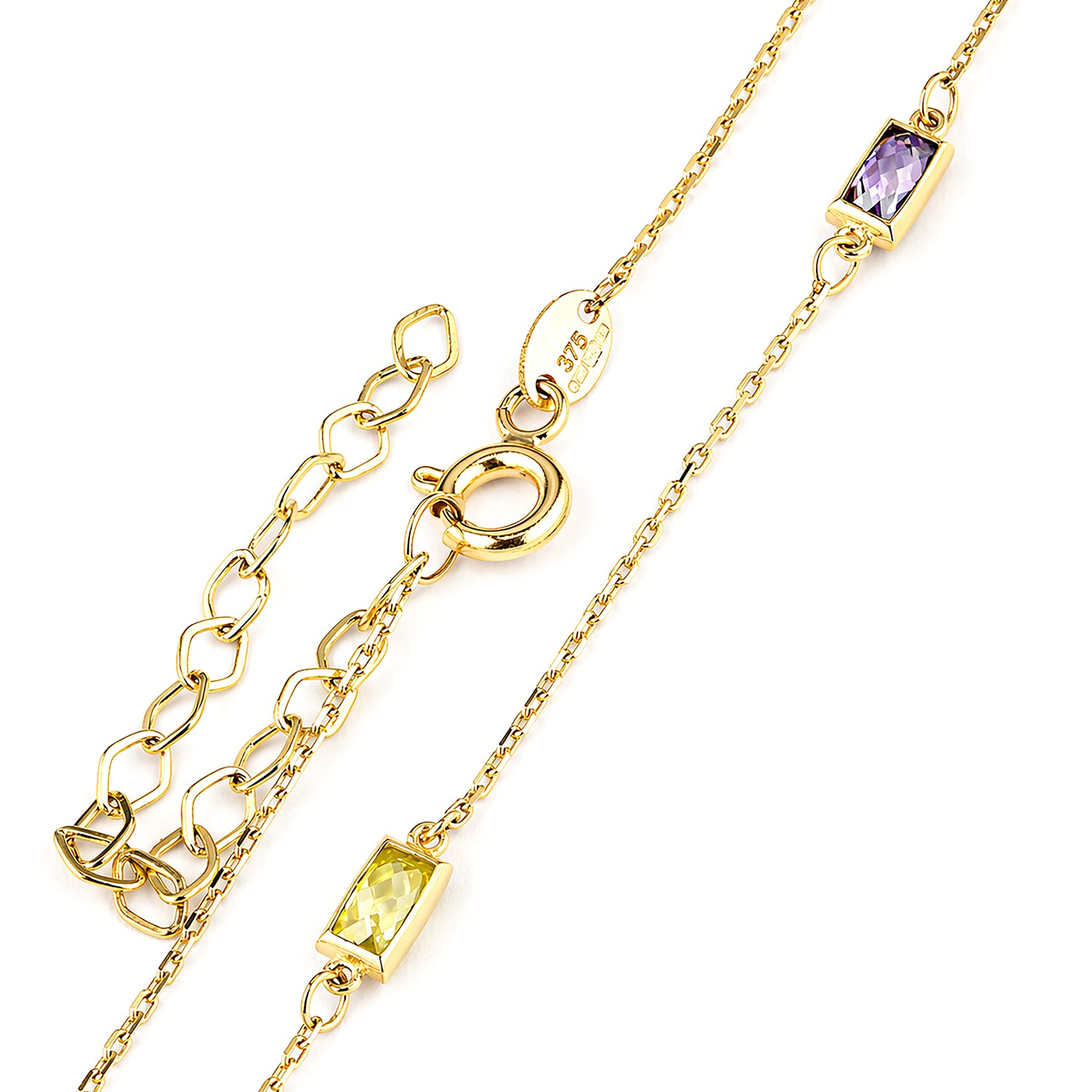 9ct Yellow Gold Multi Colour Emerald Cut Cubic Zirconia Station Necklace