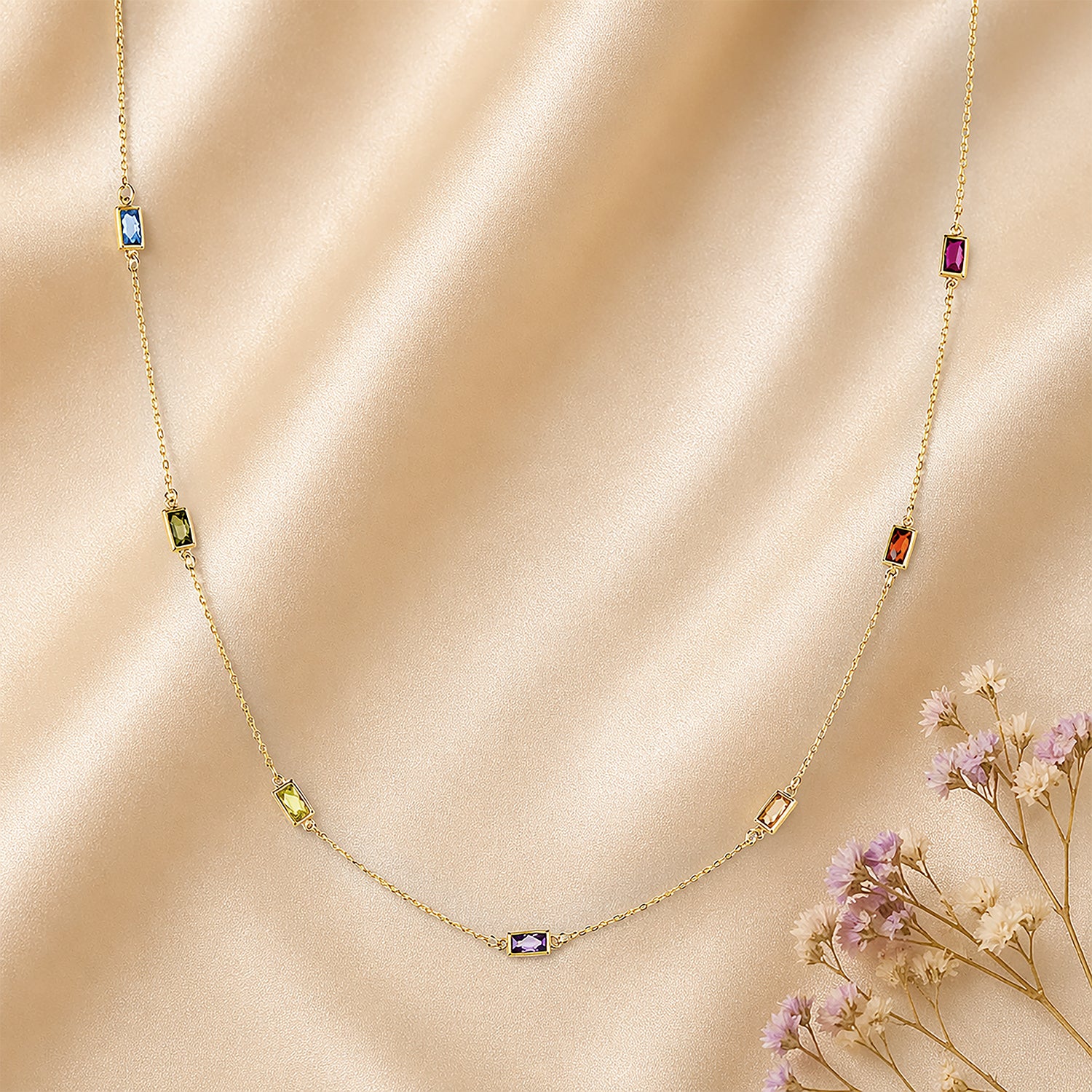 9ct Yellow Gold Multi Colour Emerald Cut Cubic Zirconia Station Necklace