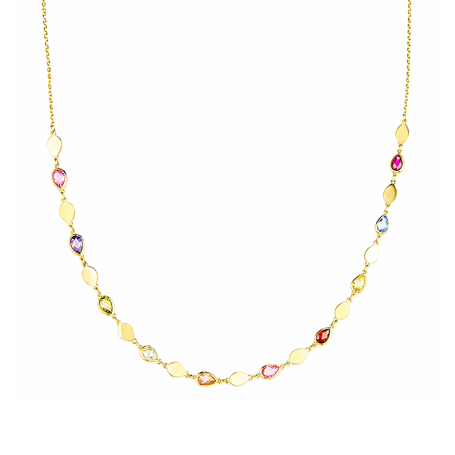 9ct Yellow Gold Multi Colour Pear Cut Cubic Zirconia Station Necklace