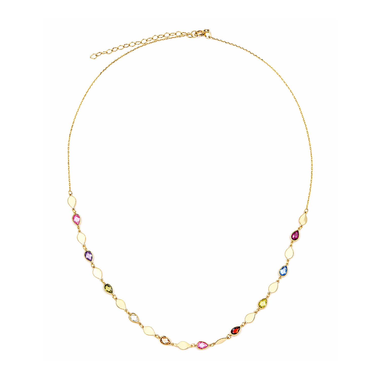 9ct Yellow Gold Multi Colour Pear Cut Cubic Zirconia Station Necklace