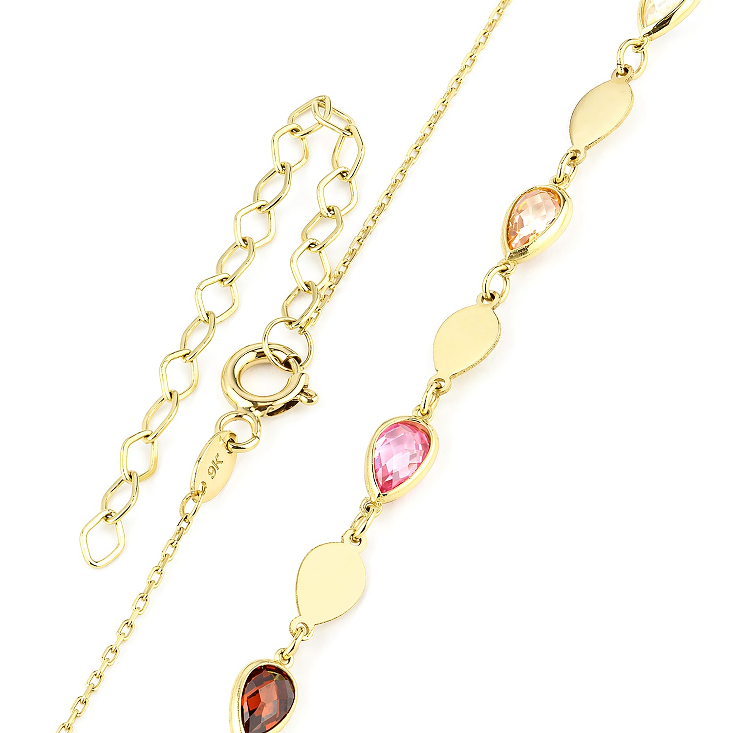 9ct Yellow Gold Multi Colour Pear Cut Cubic Zirconia Station Necklace