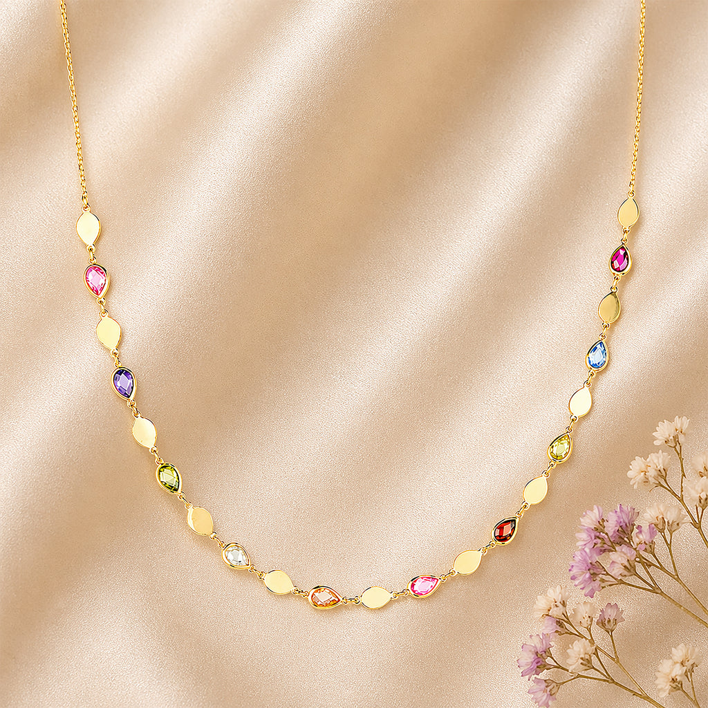 9ct Yellow Gold Multi Colour Pear Cut Cubic Zirconia Station Necklace