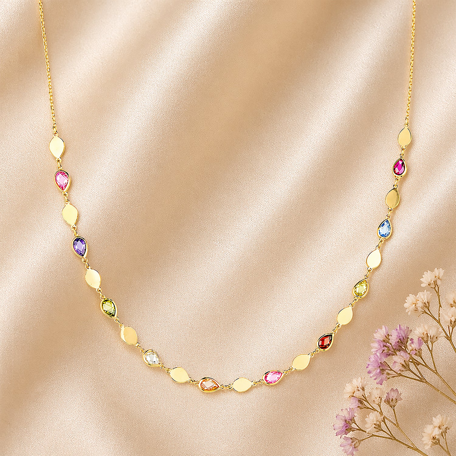 9ct Yellow Gold Multi Colour Pear Cut Cubic Zirconia Station Necklace