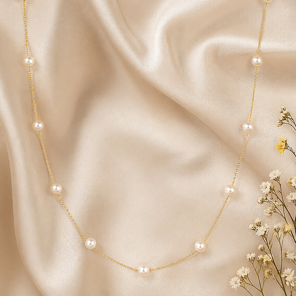 9ct Yellow Gold Pearl Station Necklace