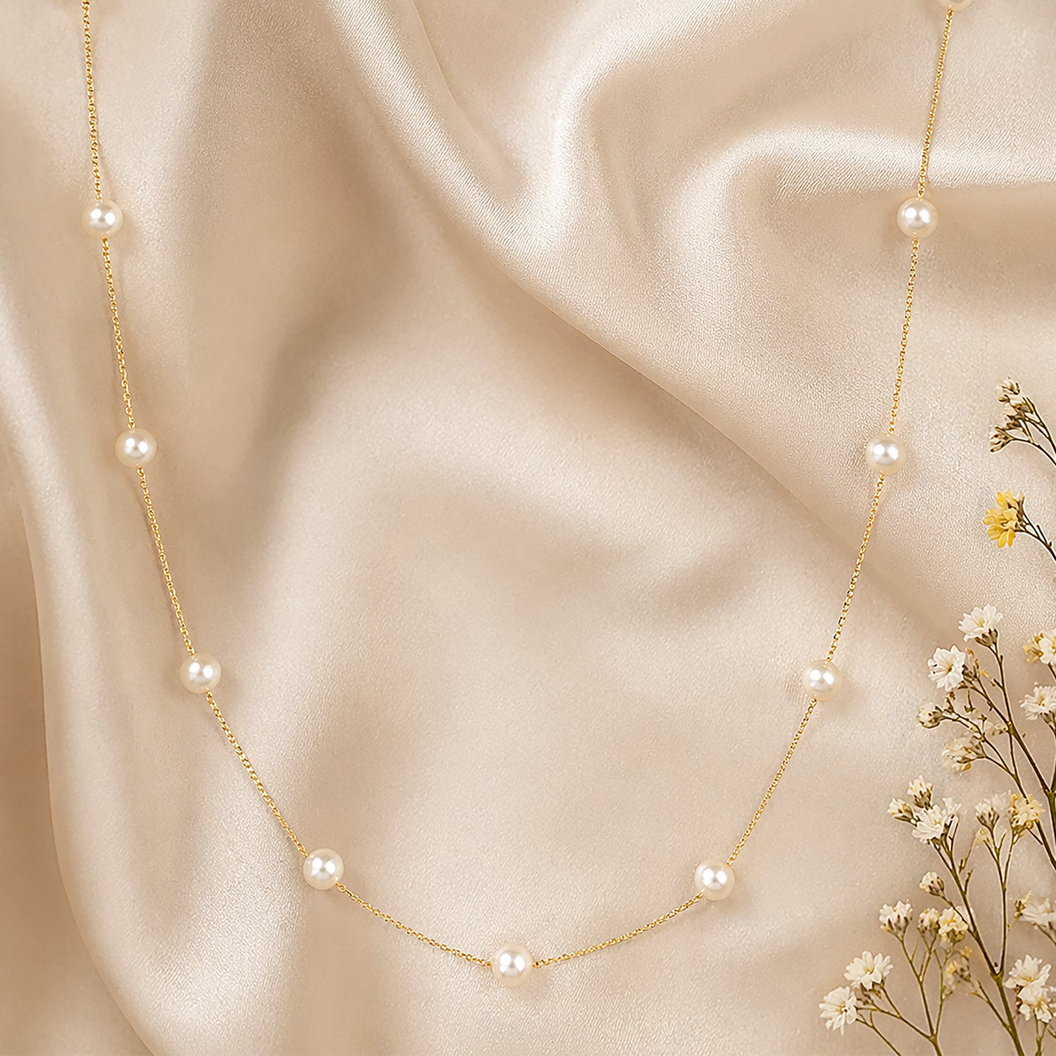 9ct Yellow Gold Pearl Station Necklace