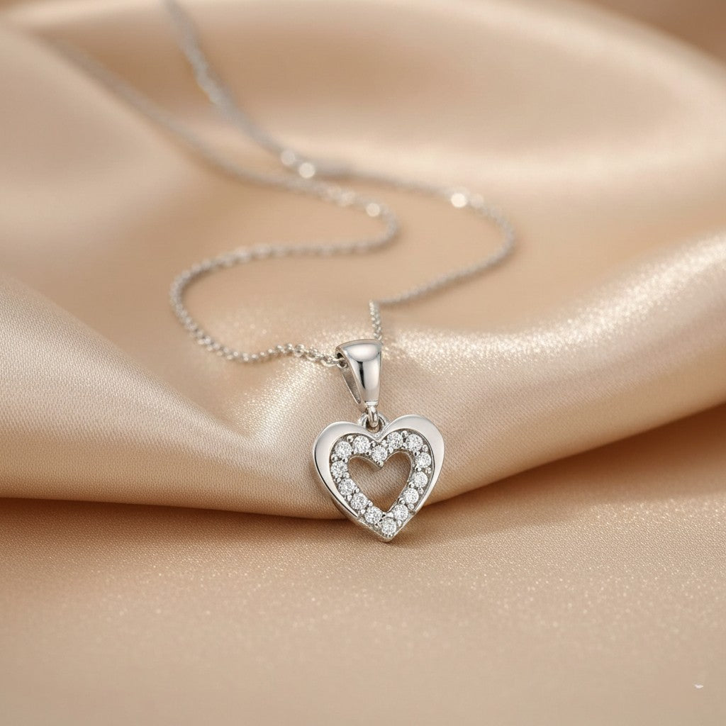 9ct White Gold Heart with Cubic Zirconia Stones Pendant Necklace