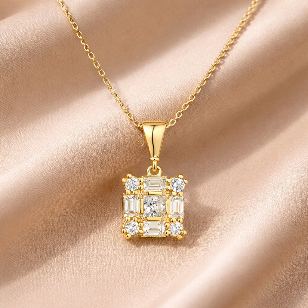 9ct Yellow Gold Cubic Zirconia Baguette Square Cluster Pendant