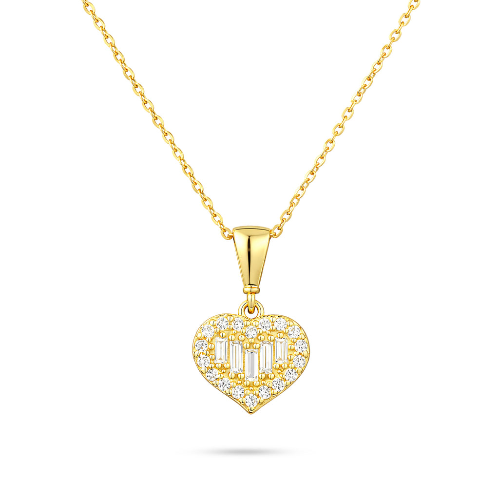 9ct Yellow Gold CZ Baguette Heart Shape Pendant Necklace