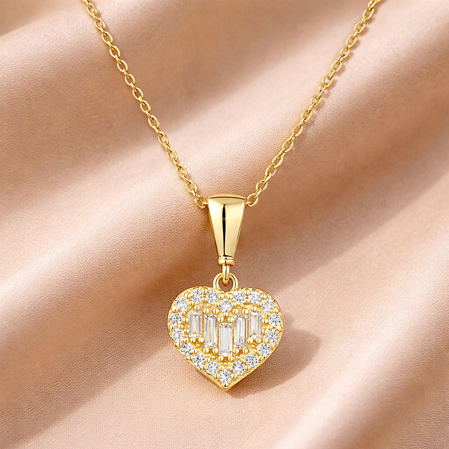 9ct Yellow Gold CZ Baguette Heart Shape Pendant Necklace