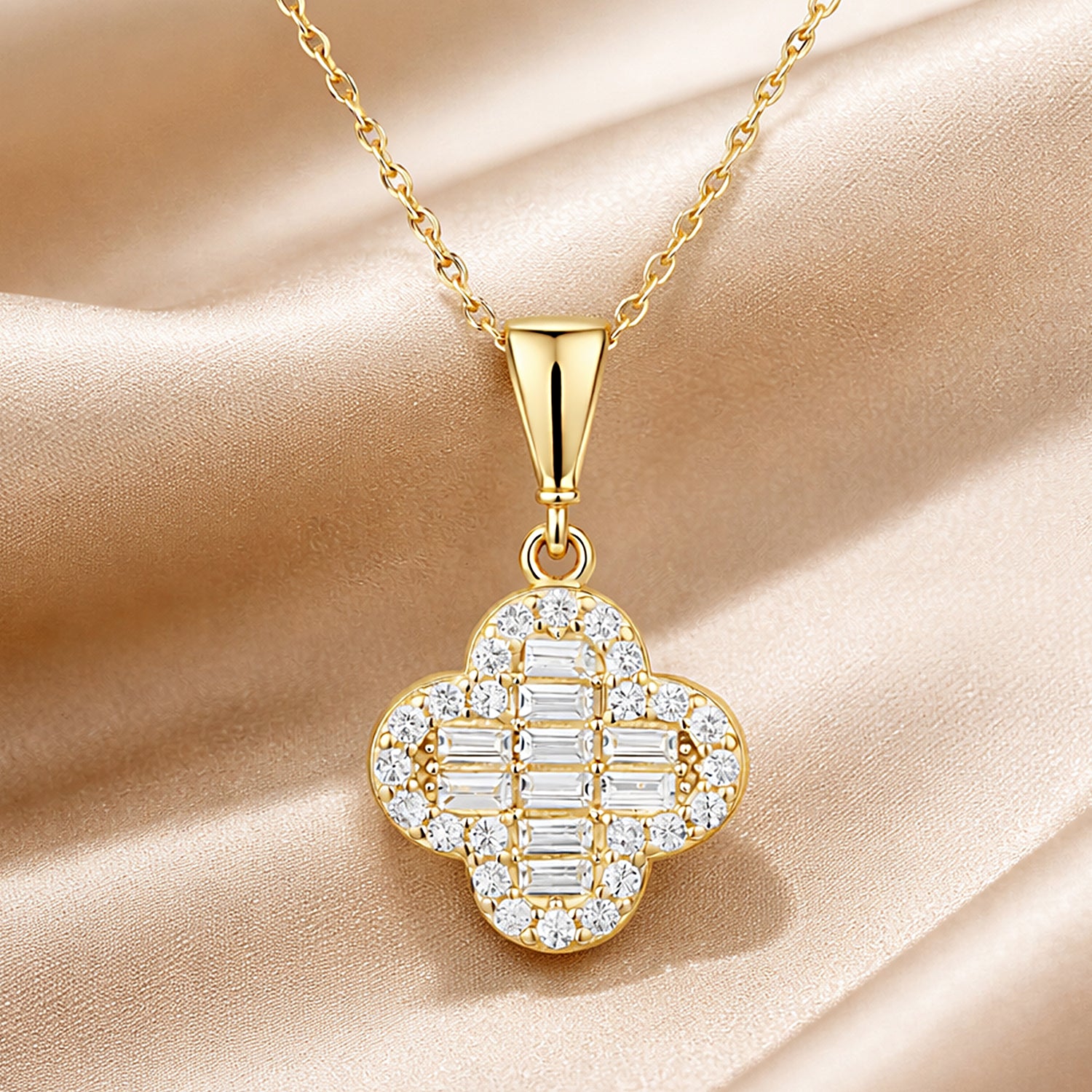 9ct Yellow Gold Cubic Zirconia Baguette Quatrefoil Pendant