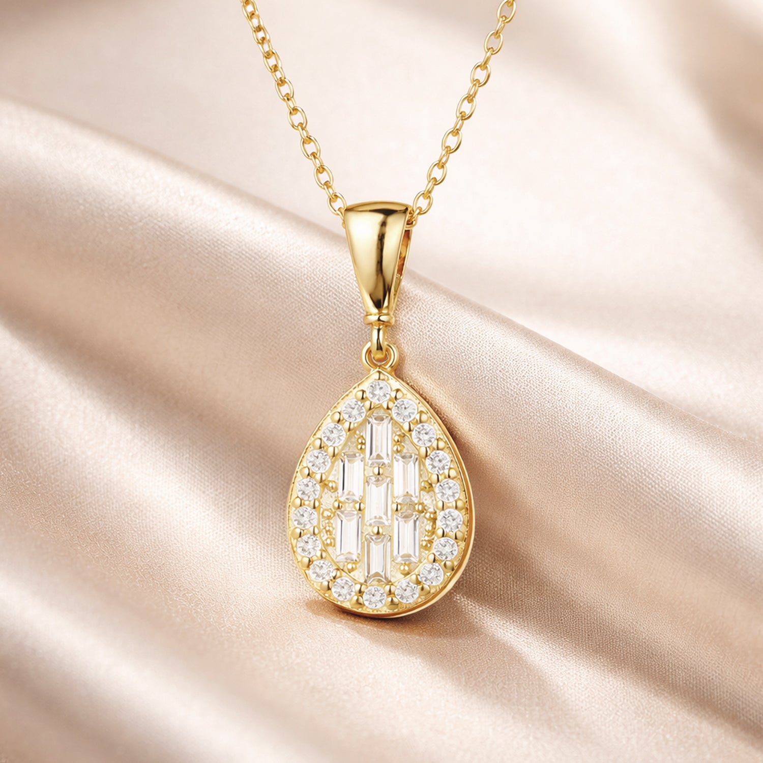 9ct Yellow Gold Cubic Zirconia Baguette Pear Halo Pendant