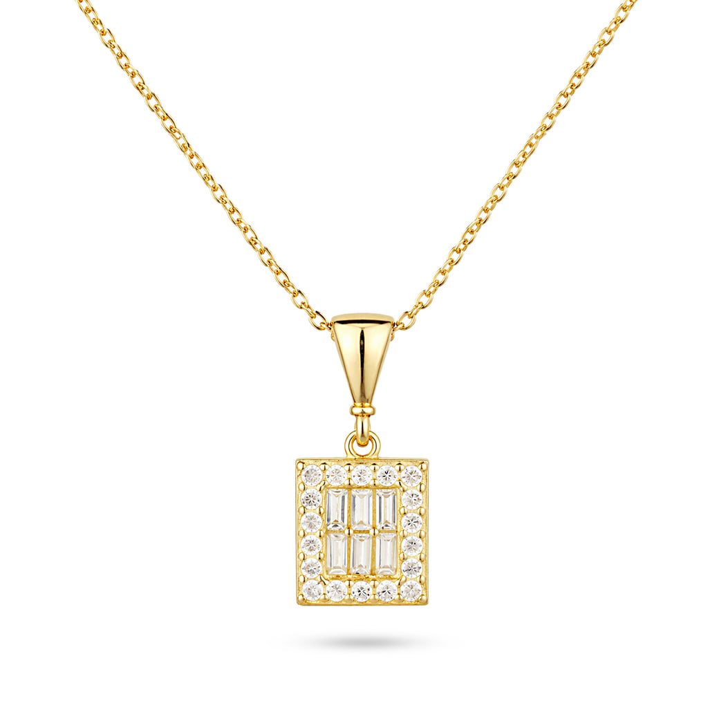 9ct Yellow Gold Cubic Zirconia Baguette Square Halo Pendant