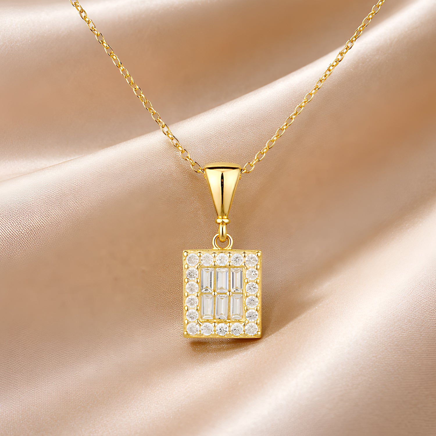 9ct Yellow Gold Cubic Zirconia Baguette Square Halo Pendant