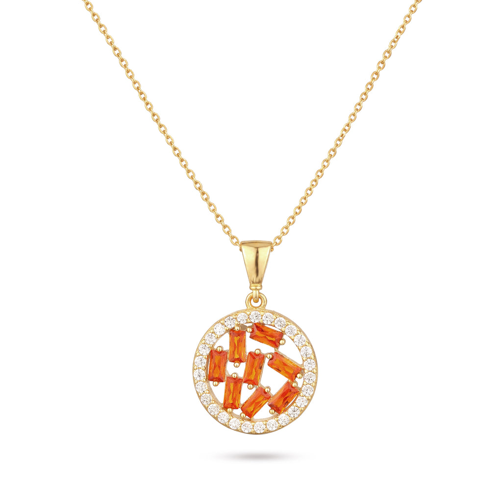 9ct Yellow Gold Orange Cubic Zirconia Baguette Circle Pendant