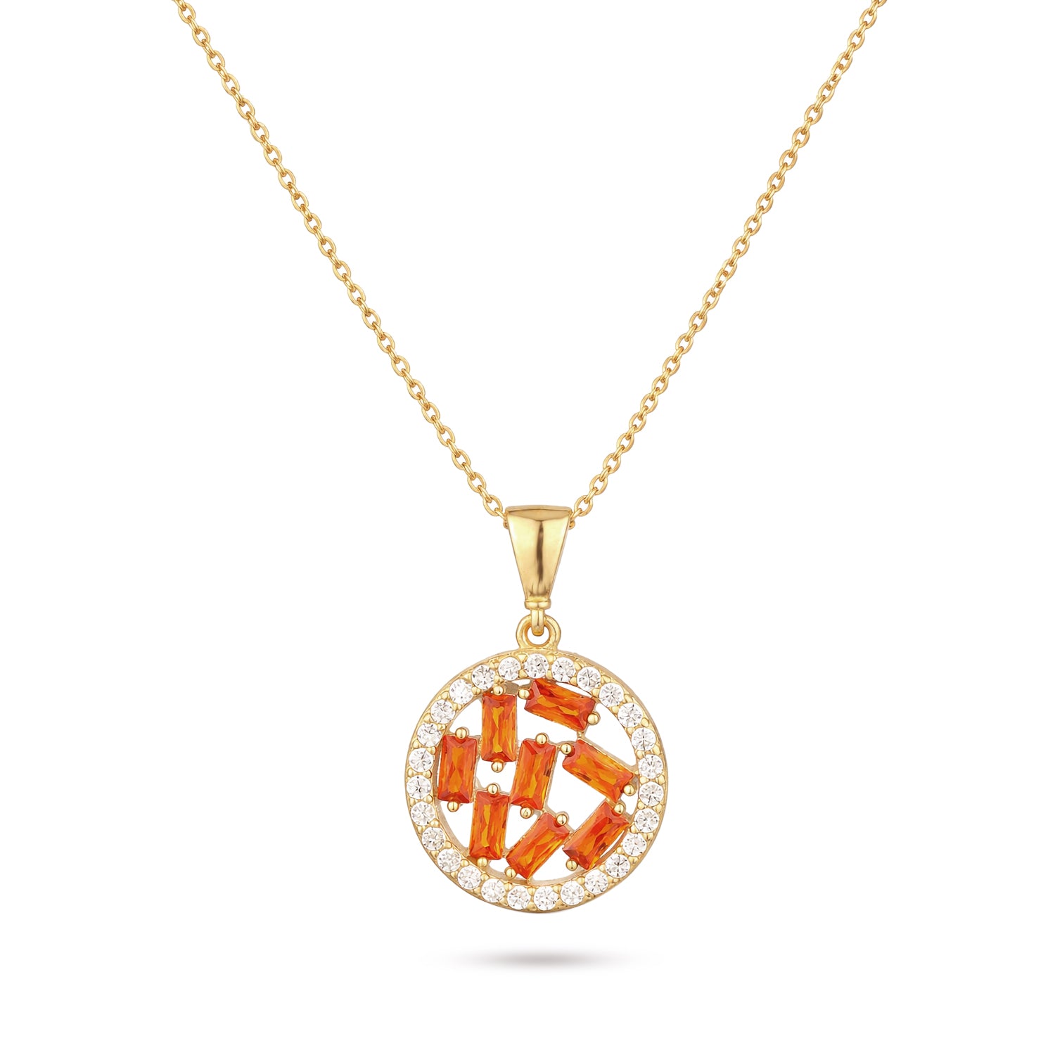 9ct Yellow Gold Orange Cubic Zirconia Baguette Circle Pendant