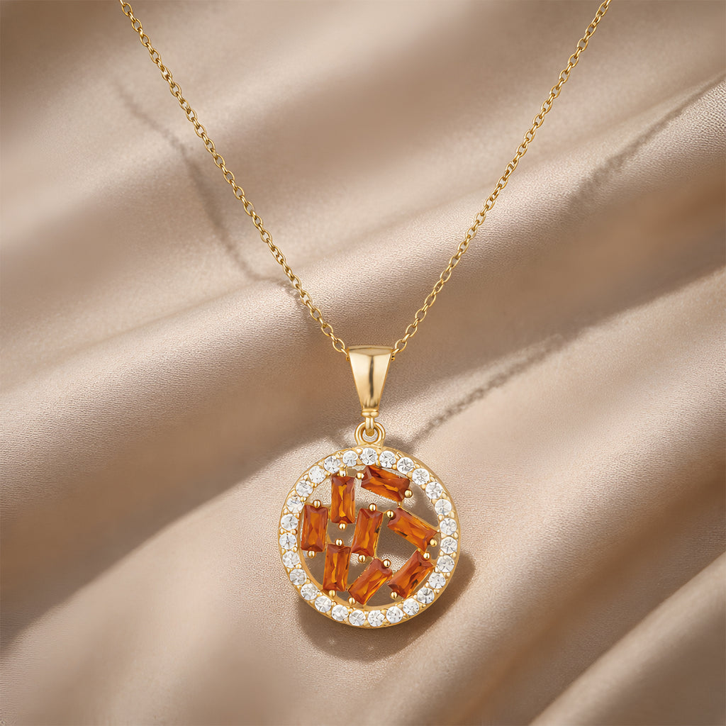 9ct Yellow Gold Orange Cubic Zirconia Baguette Circle Pendant